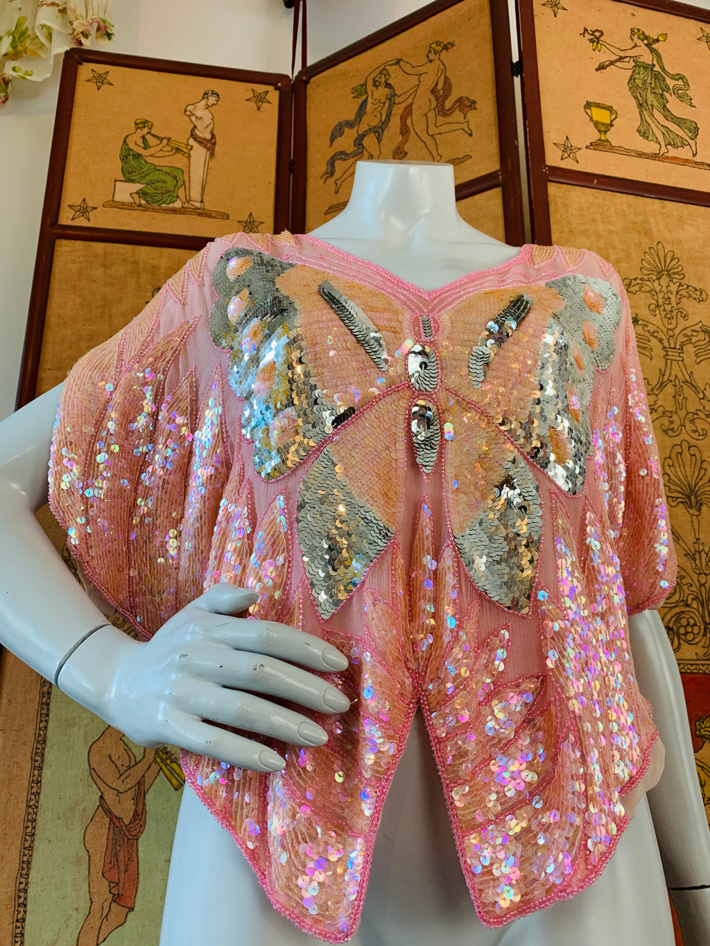 Pink Sequin Butterfly Silk Blouse — vintage 1980s top in pink