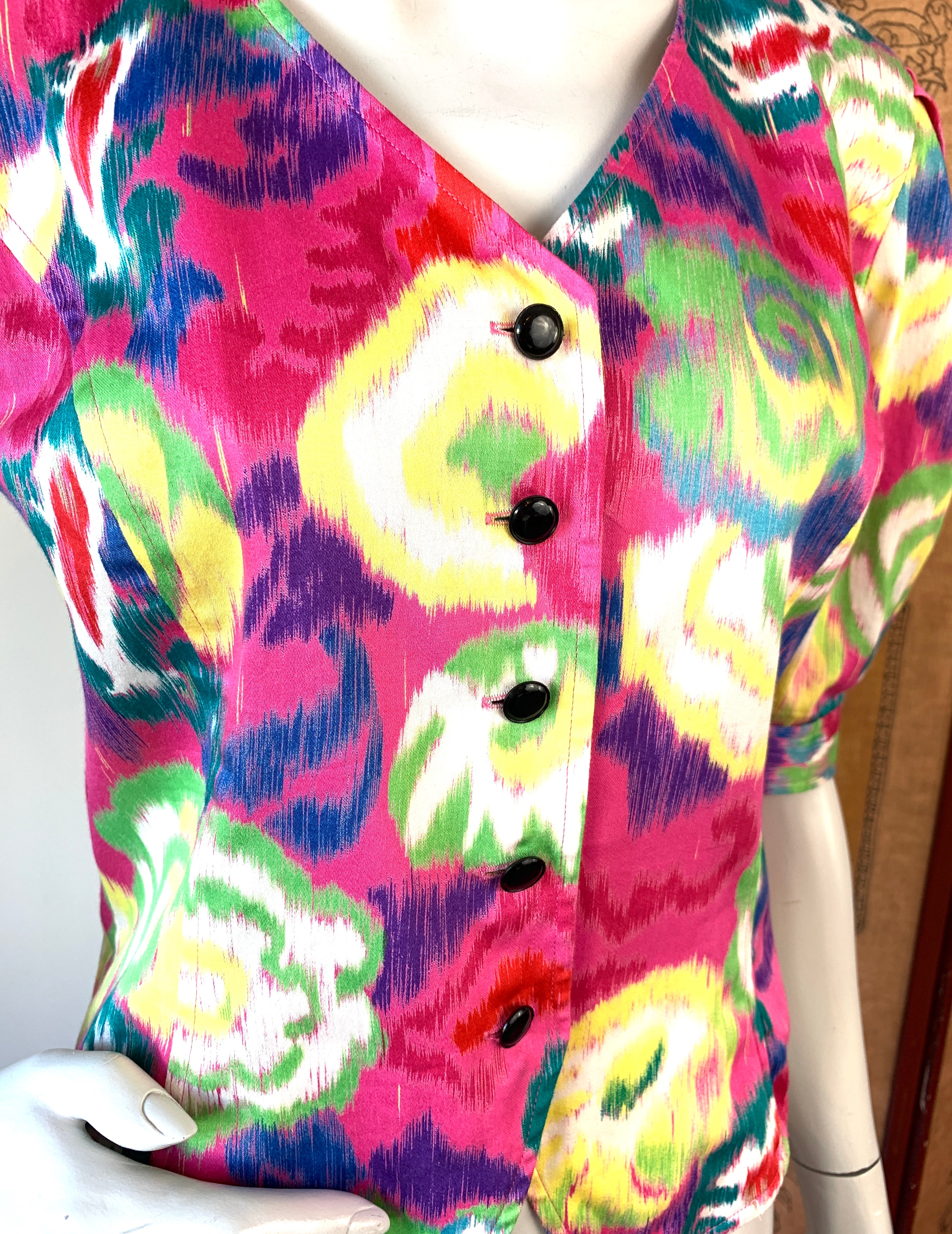 Ungaro Designer 90s Puff Sleeve Blouse — vintage 1990s Ungaro top in pink, multicolour