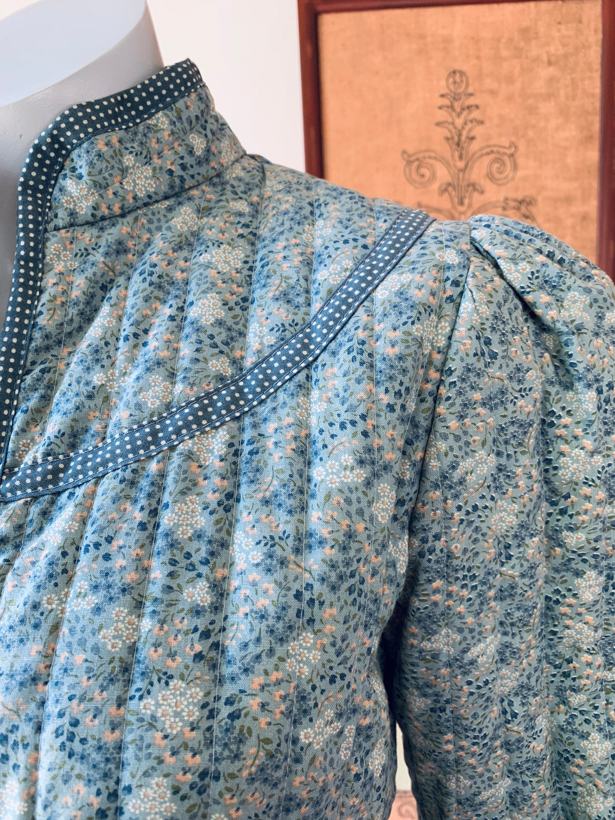 Gunne Sax Quilted Calico Jacket with Pockets — vintage Gunne Sax jacket in blue