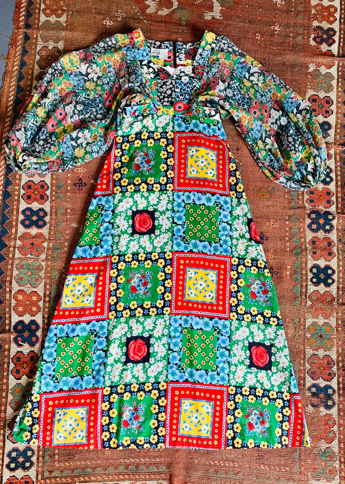 70s Flower Power Patchwork Print Balloon Sleeve Maxi Dress — vintage 1970s dress