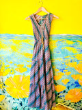 70s Multicolored Striped & Floral Deco Print Maxi Dress. Sold exclusively at Empress Vintage in Berkeley, CA.