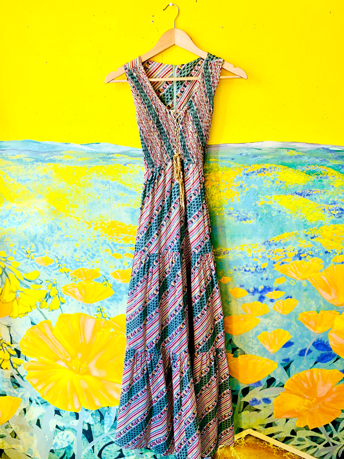 70s Multicolored Striped & Floral Deco Print Maxi Dress. Sold exclusively at Empress Vintage in Berkeley, CA.