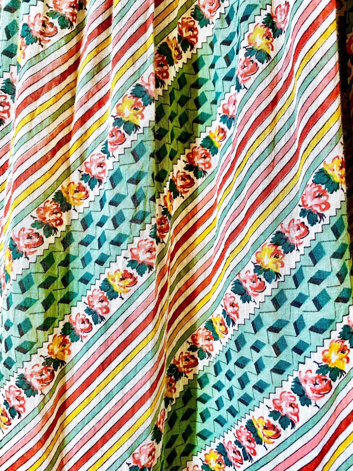 70s Multicolored Striped & Floral Deco Print Maxi Dress — vintage 1970s dress in multicolour