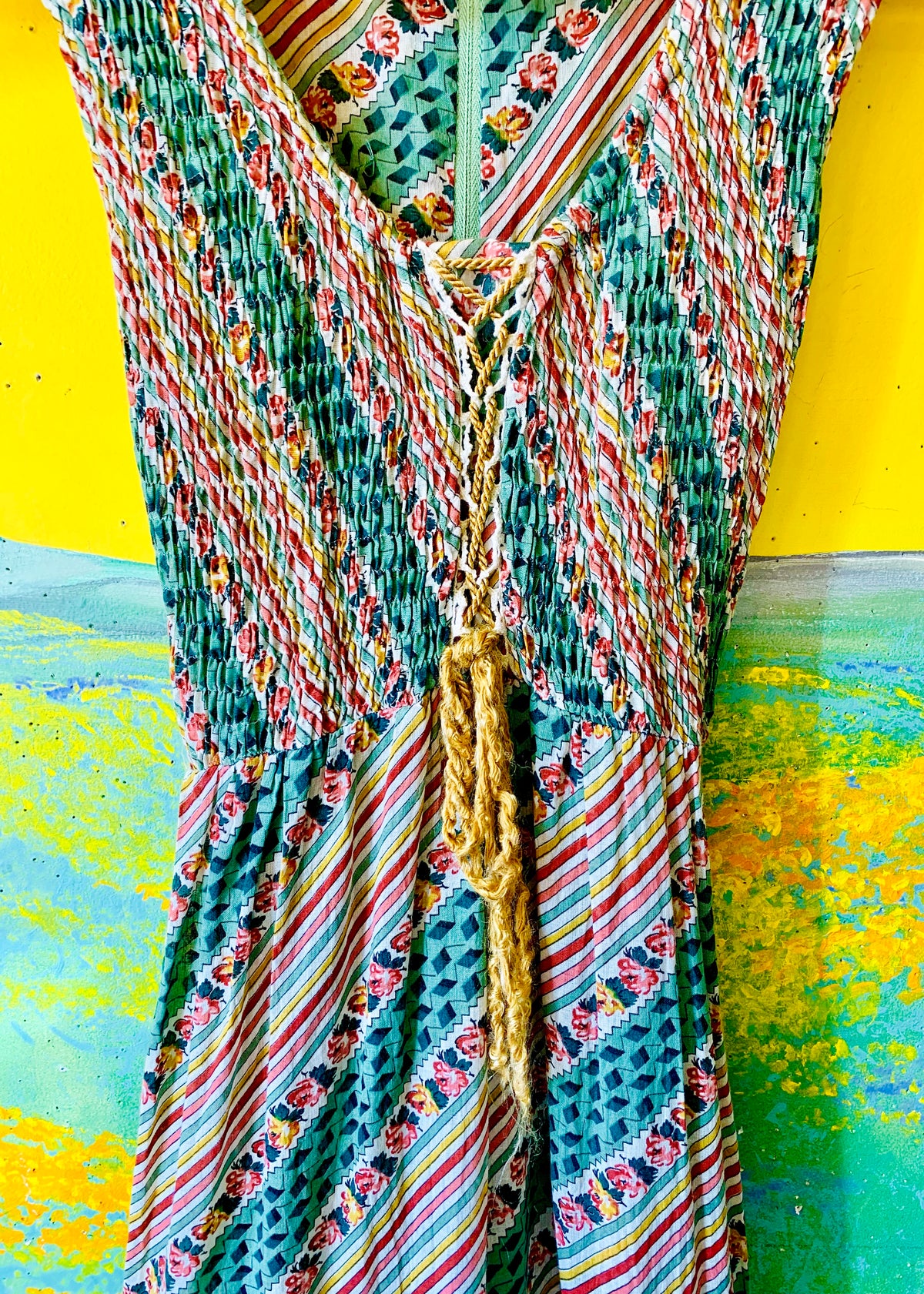 70s Multicolored Striped & Floral Deco Print Maxi Dress — vintage 1970s dress in multicolour