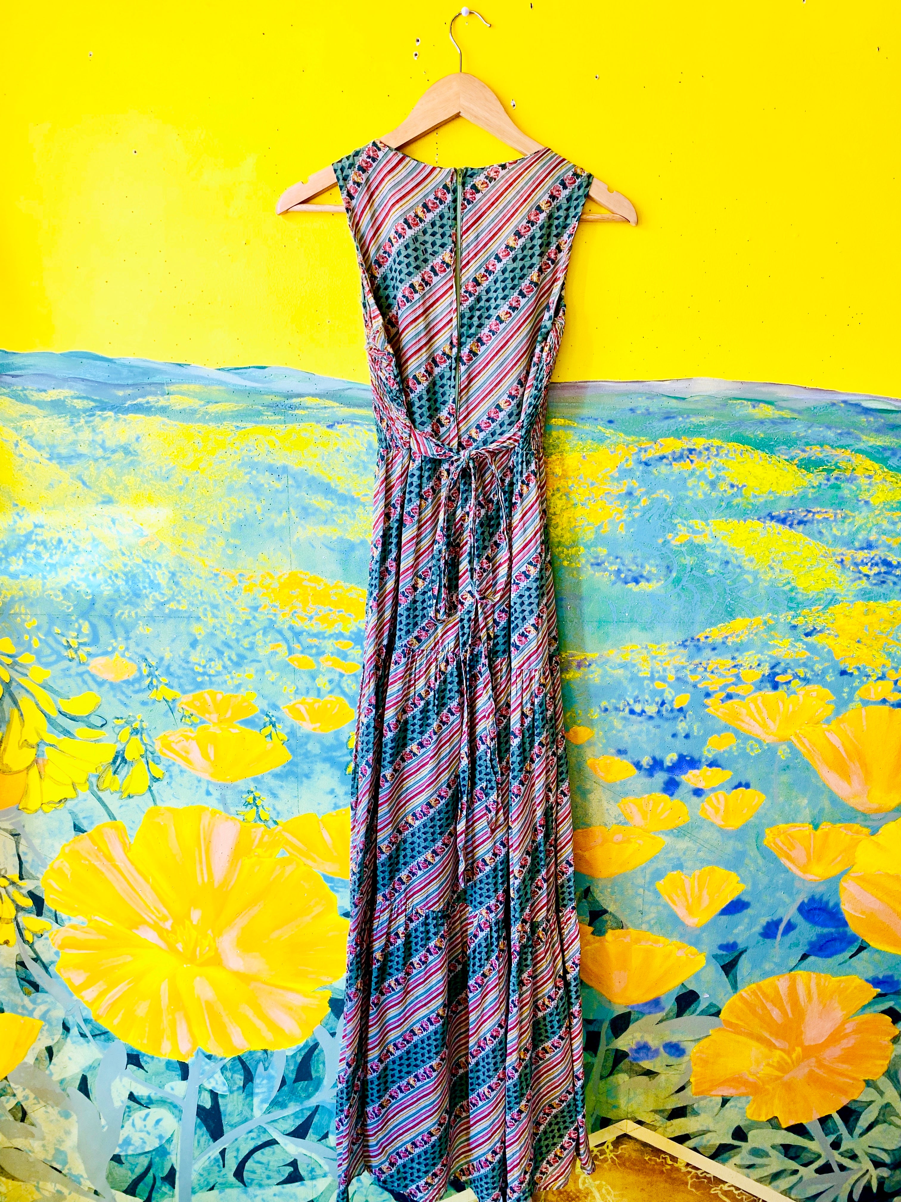 70s Multicolored Striped & Floral Deco Print Maxi Dress — vintage 1970s dress in multicolour