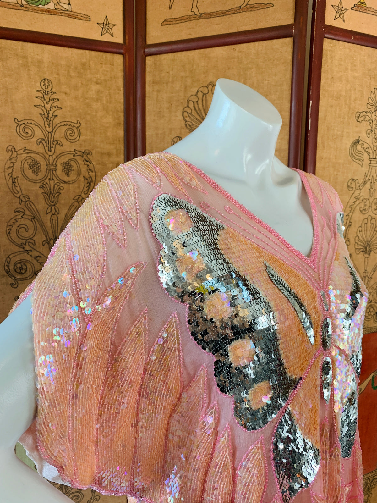 Pink Sequin Butterfly Silk Blouse — vintage 1980s top in pink