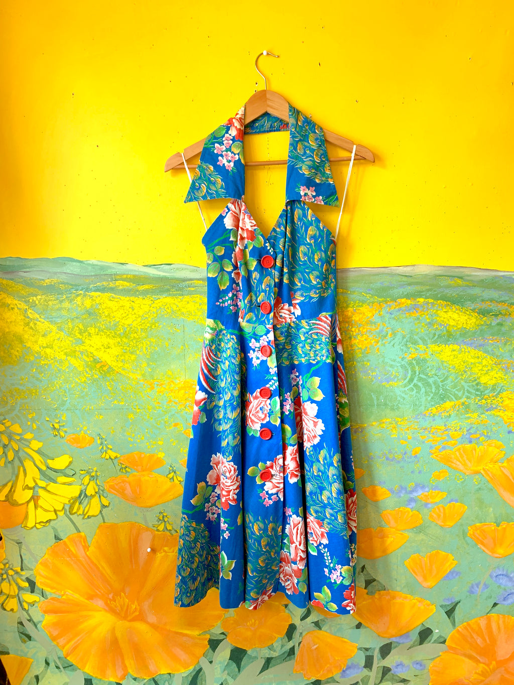Incredible Button Up Peacock Print Dress — vintage 1950s dress in red, multicolour