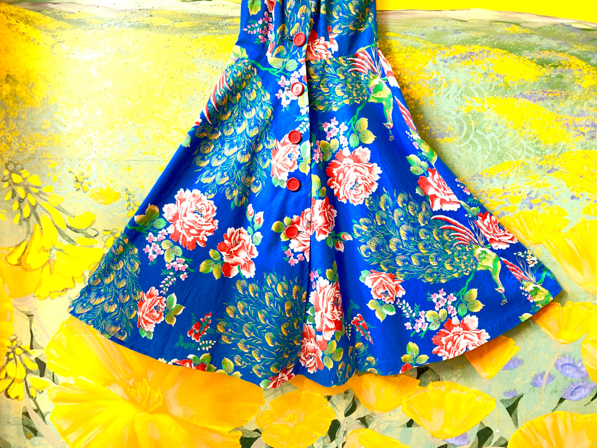 Incredible Button Up Peacock Print Dress — vintage 1950s dress in red, multicolour