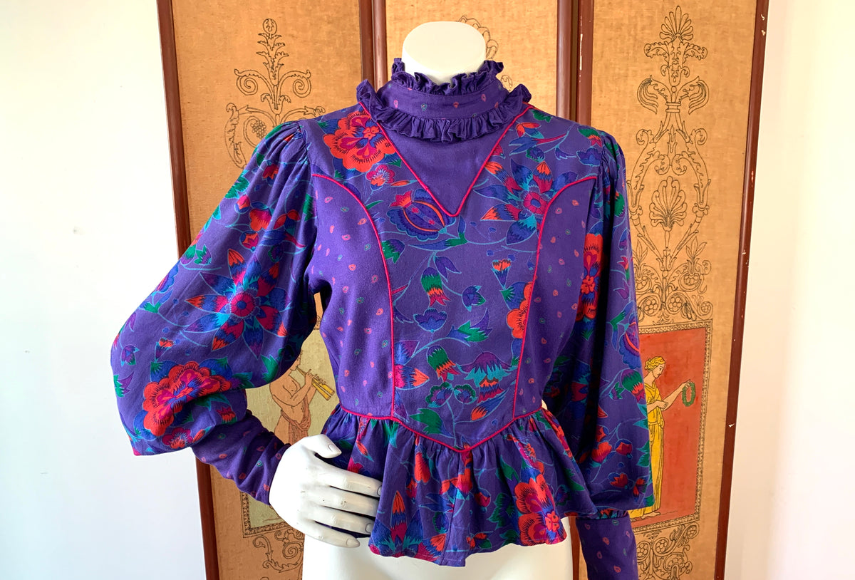 Purple Floral Poet Sleeve Blouse Made in India — vintage 1980s MicheL top in purple