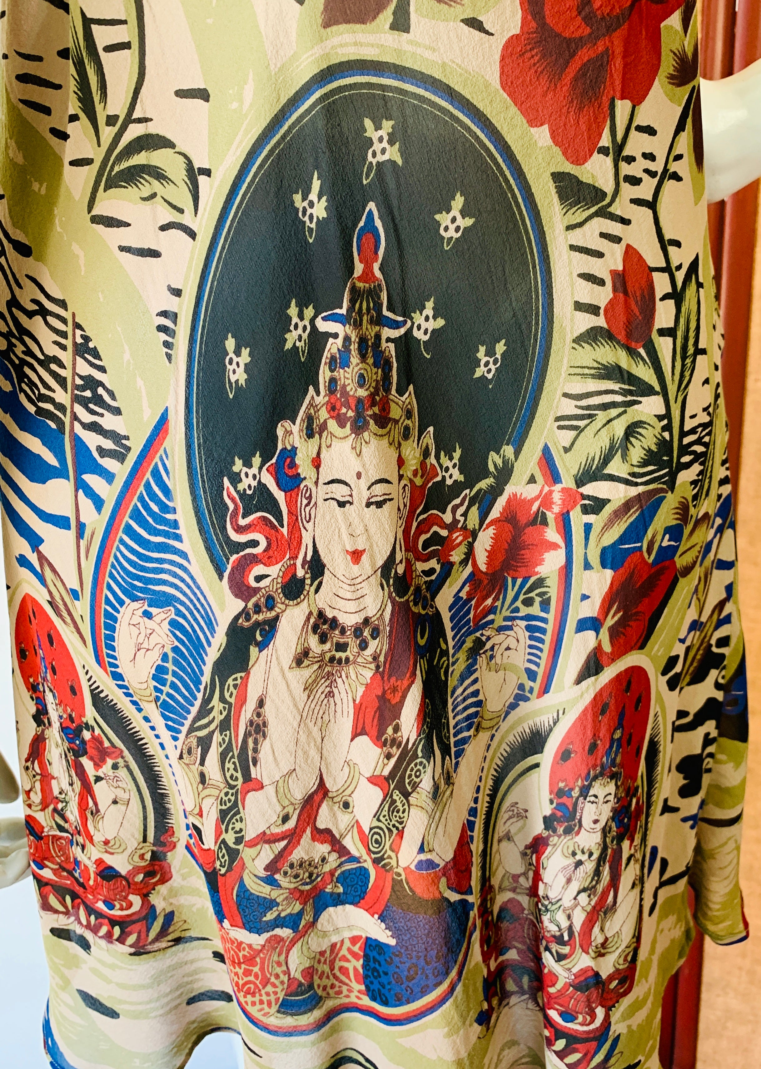 Buddhist Print Silk Sheer 90s Slip Dress — vintage 1990s dress in green