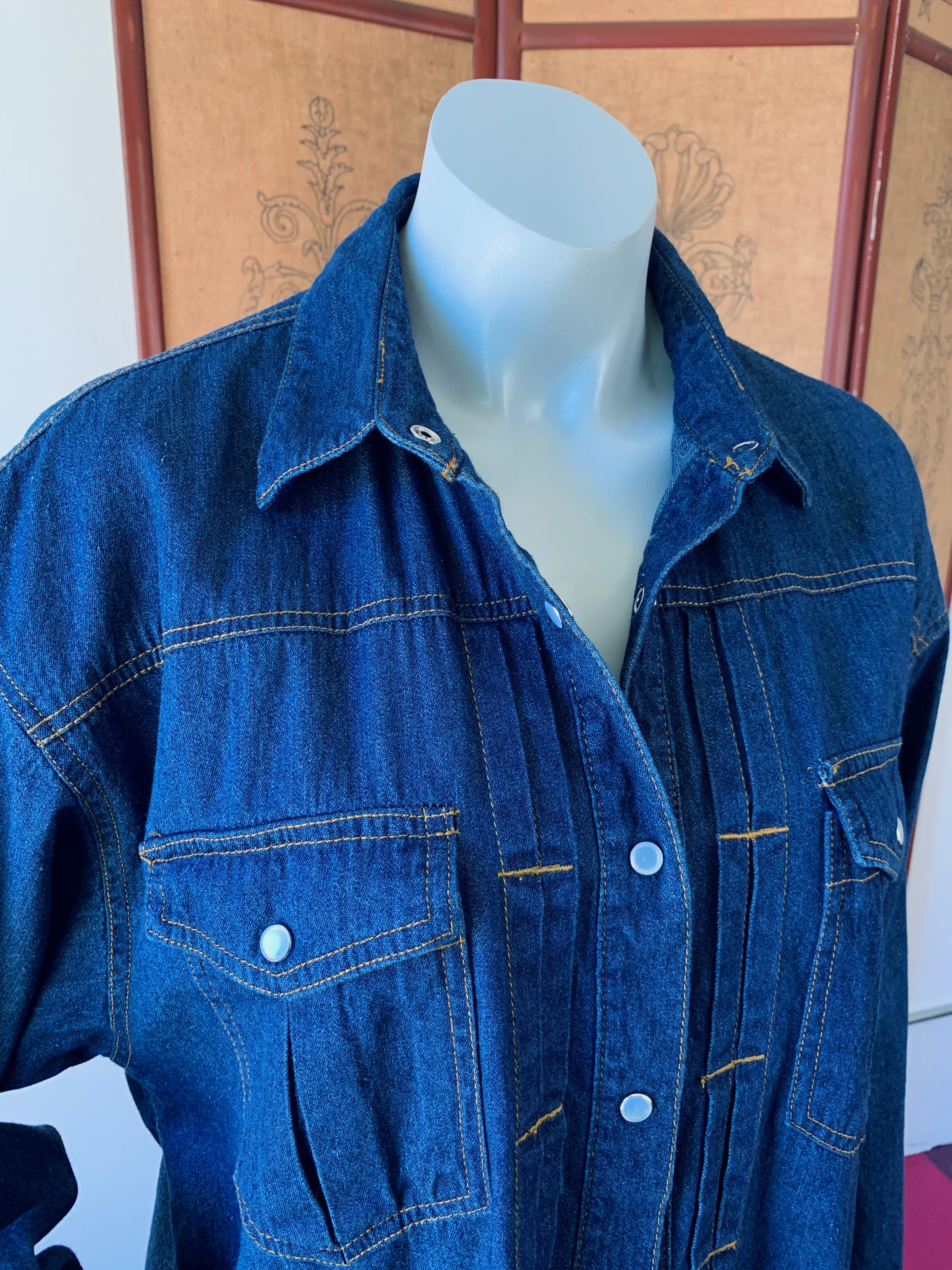 Denim Pearl Snap Long Sleeve Shirt — vintage 1990s top in blue