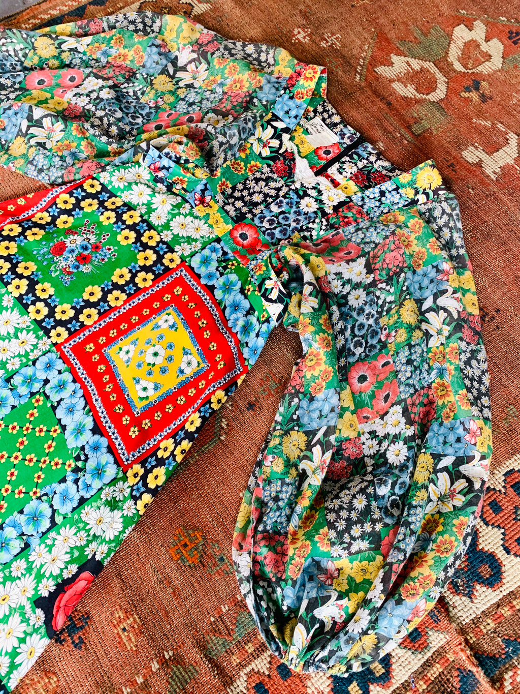 70s Flower Power Patchwork Print Balloon Sleeve Maxi Dress — vintage 1970s dress