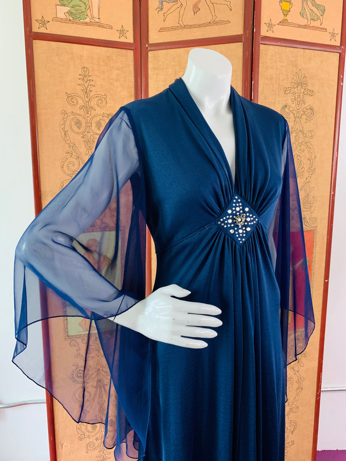 Dark Blue Angelic 1970s Maxi Dress — vintage 1970s dress in blue