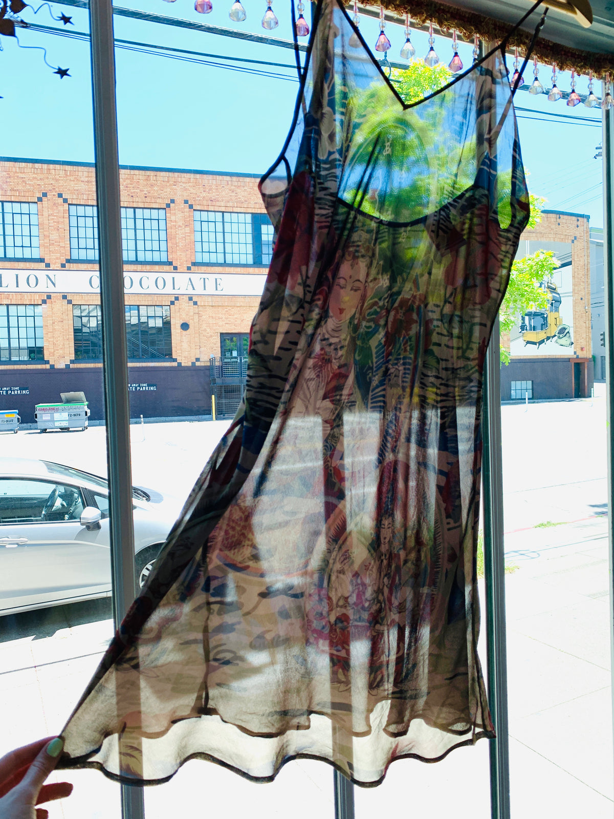 Buddhist Print Silk Sheer 90s Slip Dress — vintage 1990s dress in green