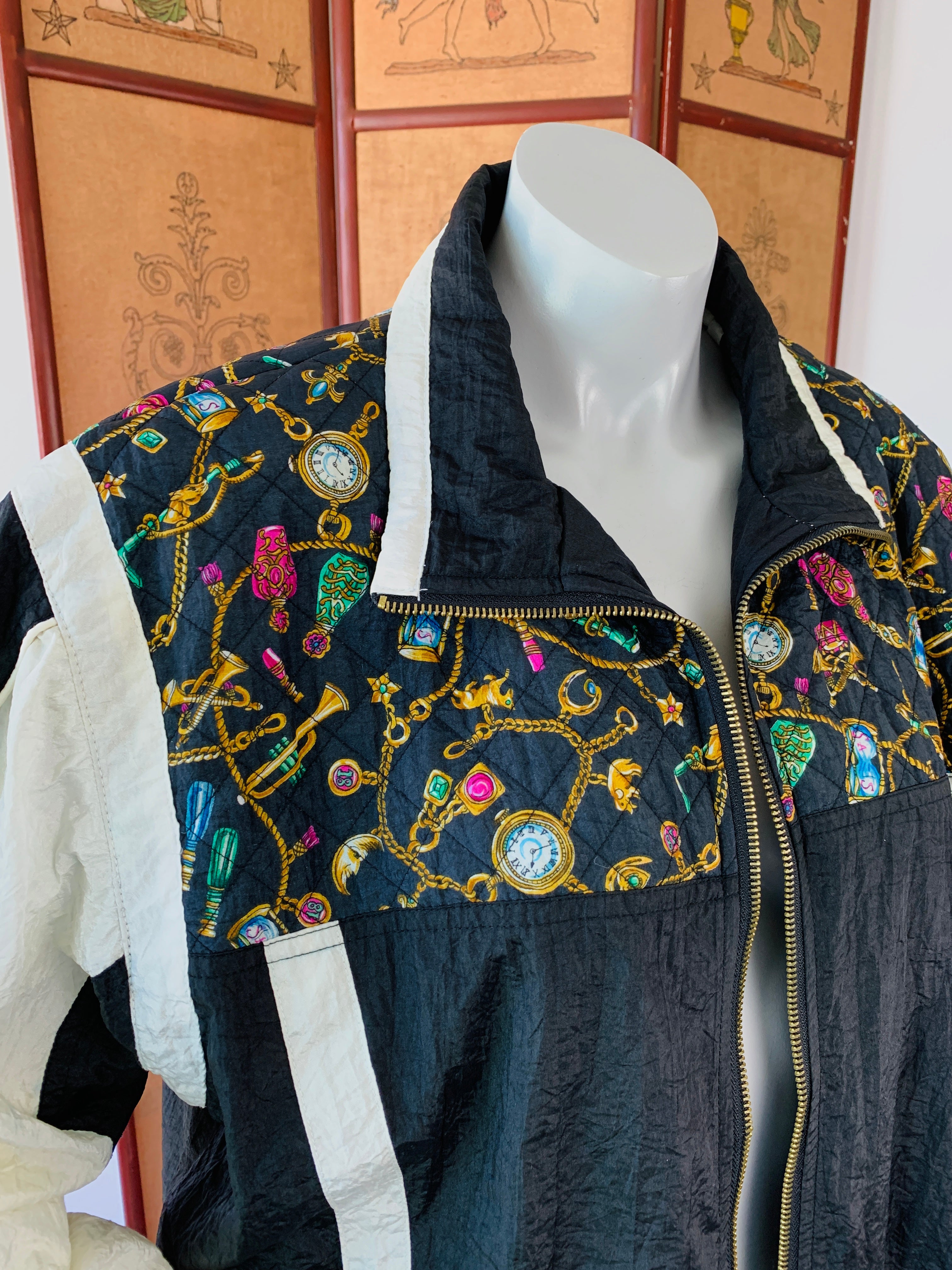 Black & White Quilted Detail Jeweled Charm Print Sporty Nylon Jacket — vintage 1990s jewellery in black, white