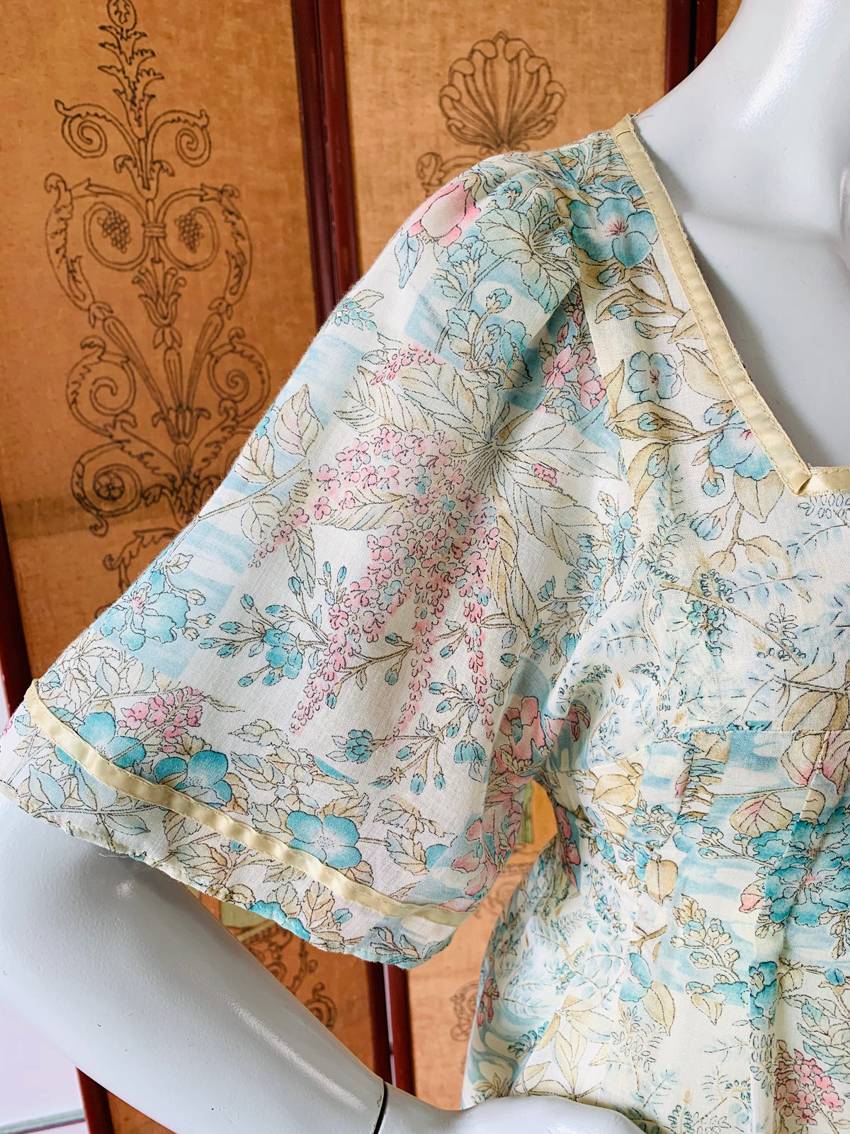 Ethereal 1970s Floral Sky Print Maxi Dress Gown — vintage 1970s dress in ivory
