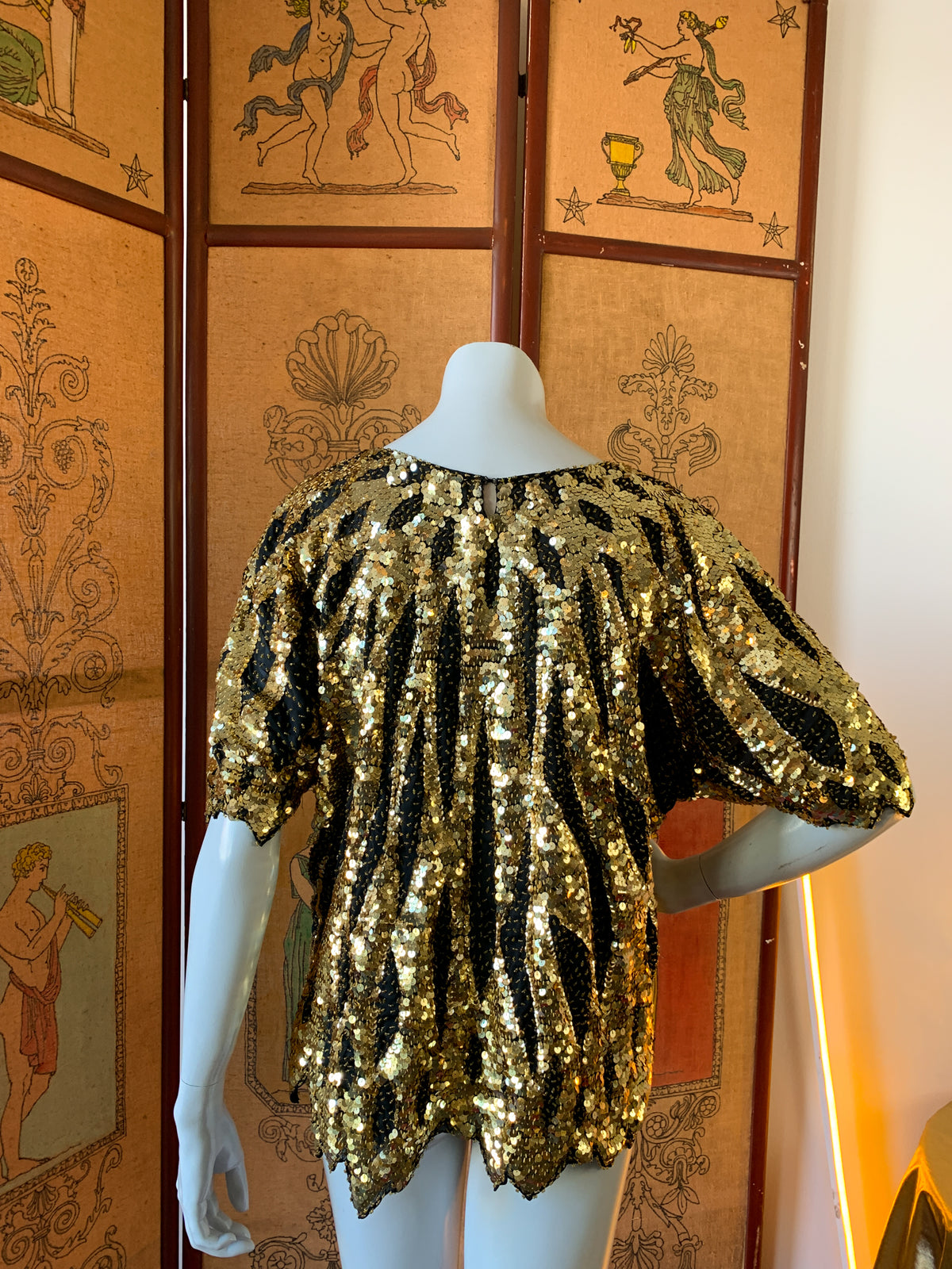 Gold Sequin & Beaded Semi Sheer Fairy Hem Top — vintage 1980s top in gold