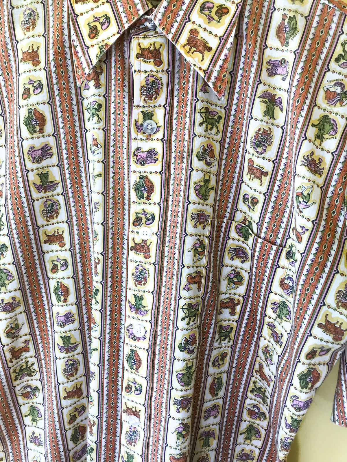 Men's Zodiac Button Up 1970's Shirt — vintage 1970s top in multicolour