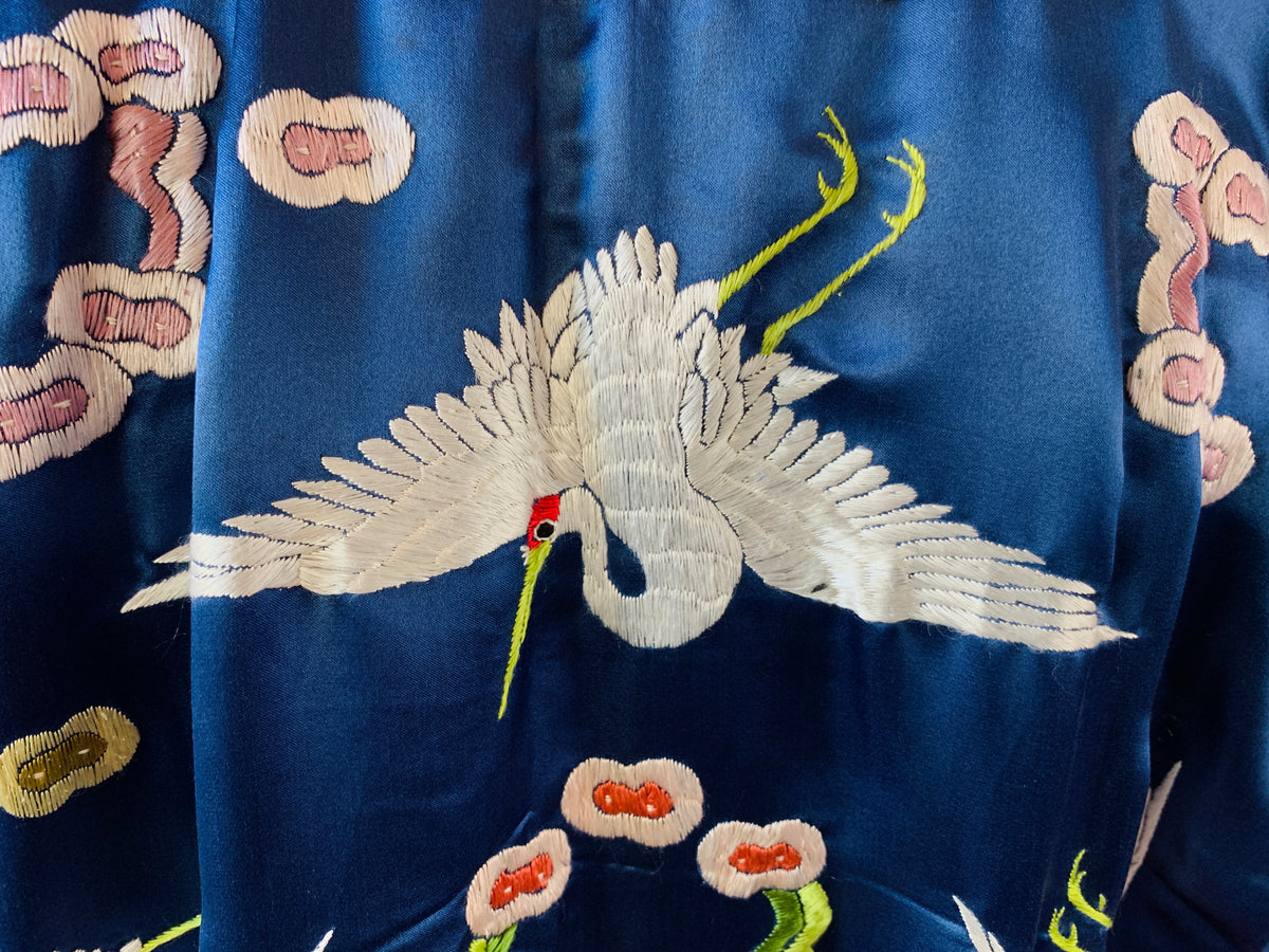 Embroidered Birds & Clouds Silk Chinese Robe — vintage dress in black, gold, blue