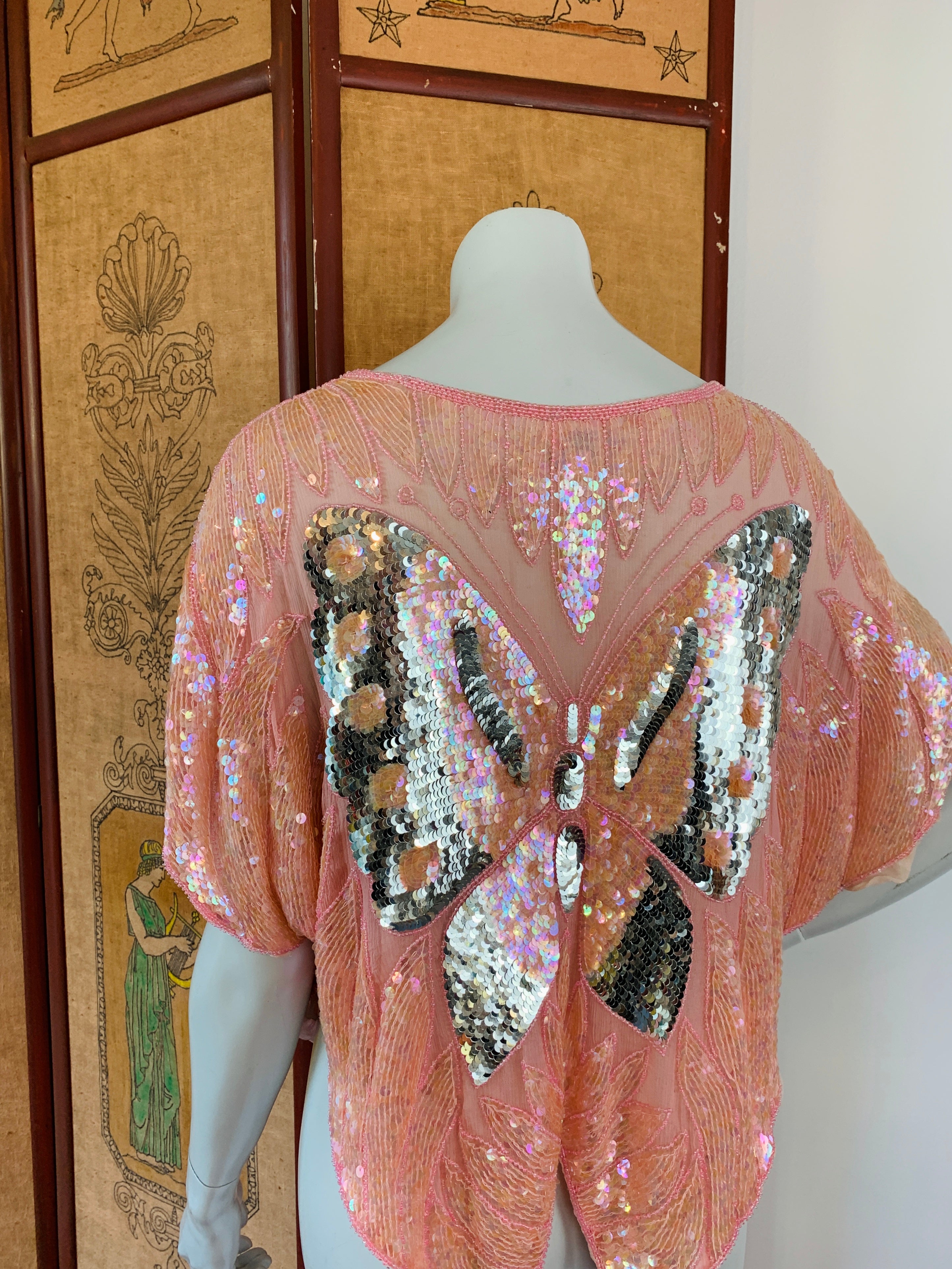 Pink Sequin Butterfly Silk Blouse — vintage 1980s top in pink