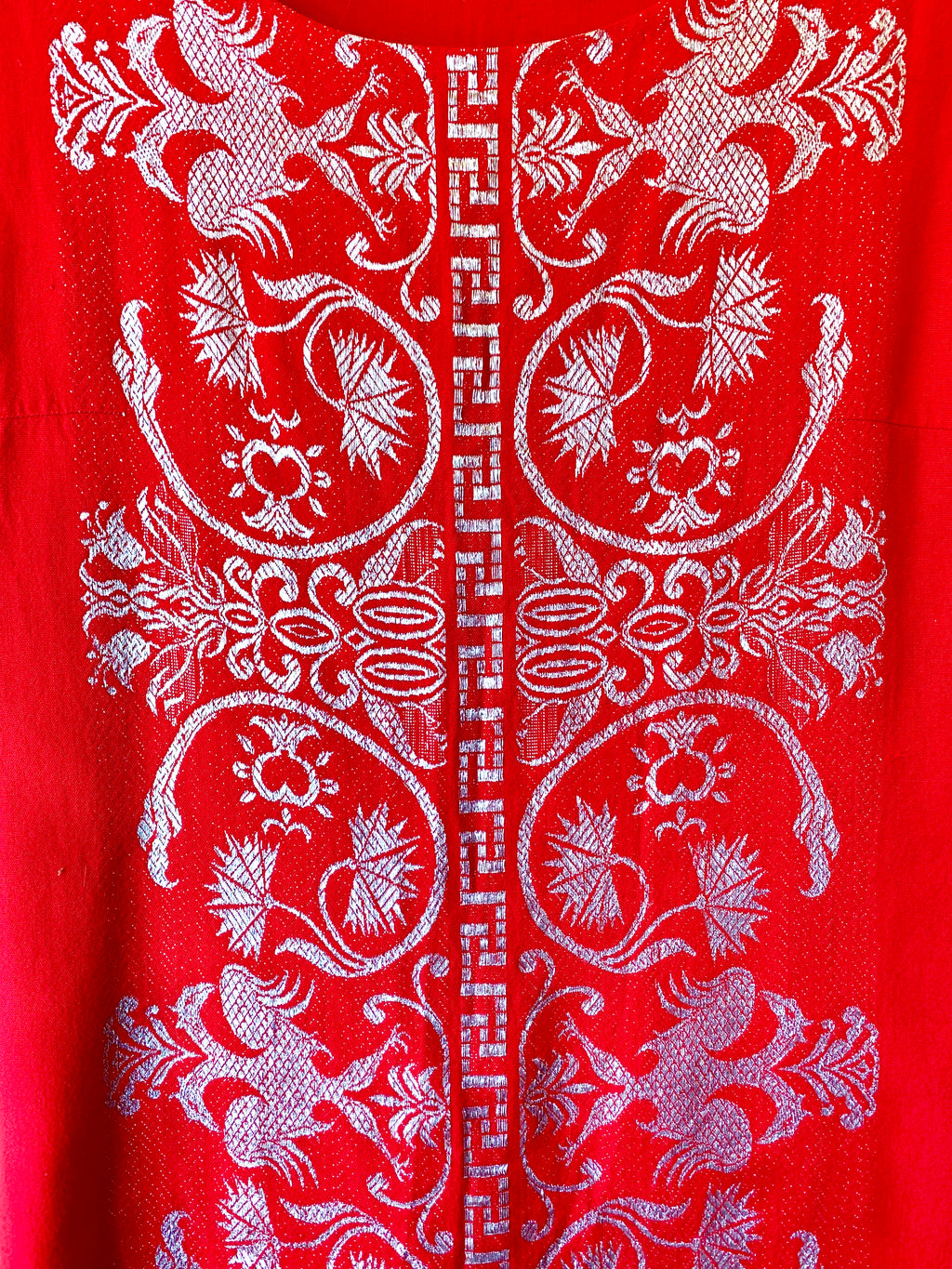 Angelic Red Silver Print Maxi Dress — vintage dress in red, silver