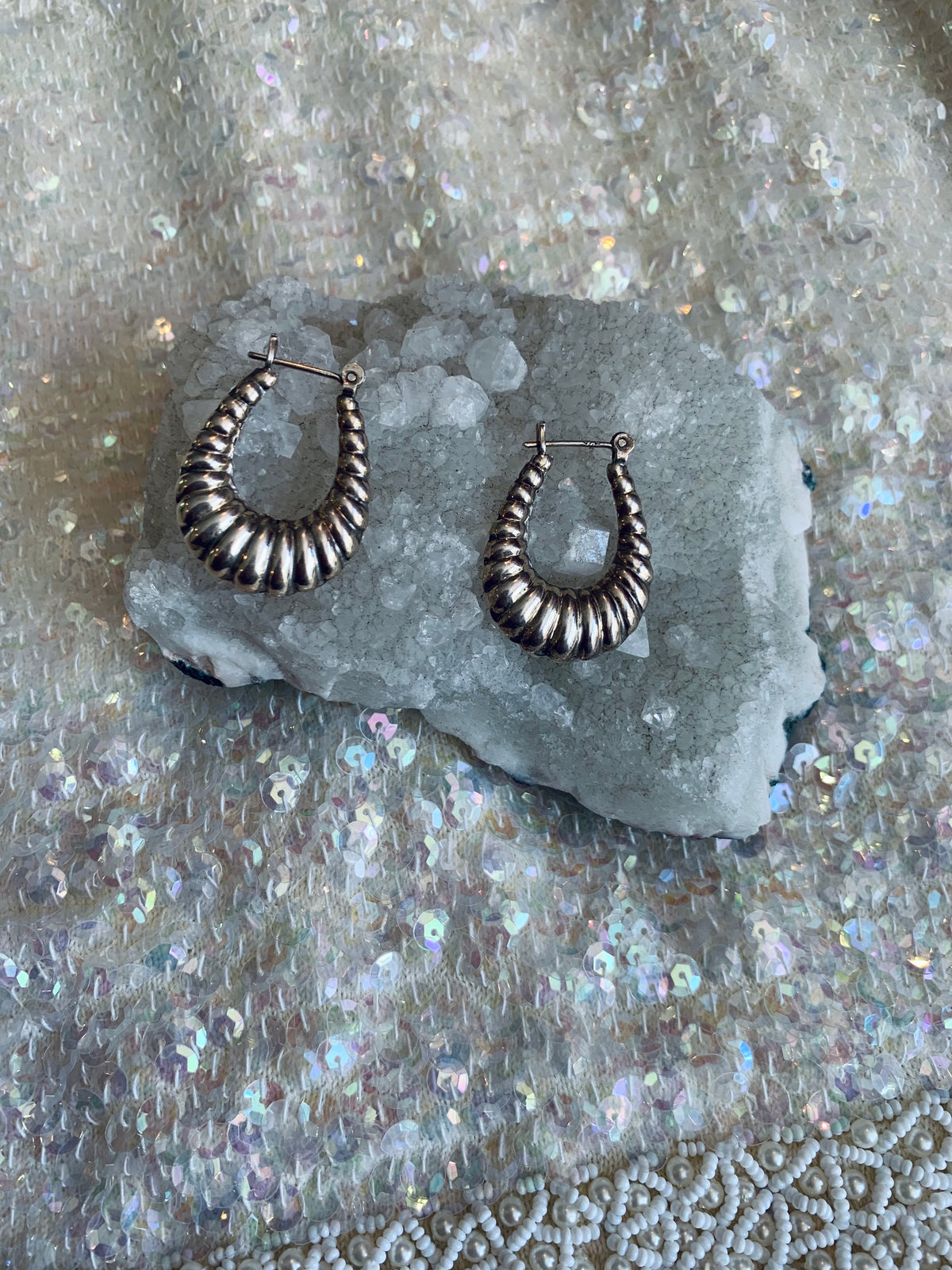 Sterling Silver Ridged Hoop Earrings — vintage jewellery in silver