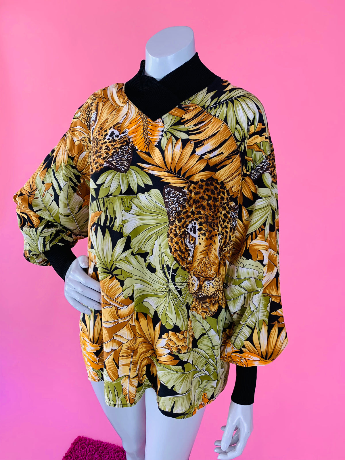 Ferragamo Silk Jungle Print Long Sleeve Blouse/Tunic — vintage Ferragamo caftan in yellow, green