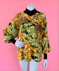 Ferragamo Silk Jungle Print Long Sleeve Blouse/Tunic — vintage Ferragamo caftan in yellow, green