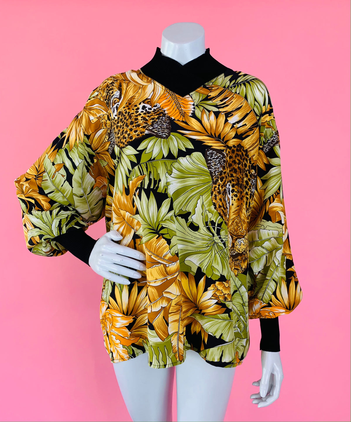 Ferragamo Silk Jungle Print Long Sleeve Blouse/Tunic — vintage Ferragamo caftan in yellow, green