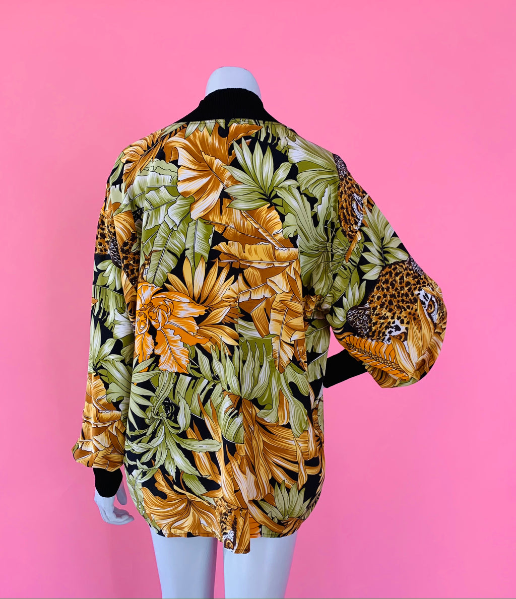 Ferragamo Silk Jungle Print Long Sleeve Blouse/Tunic — vintage Ferragamo caftan in yellow, green