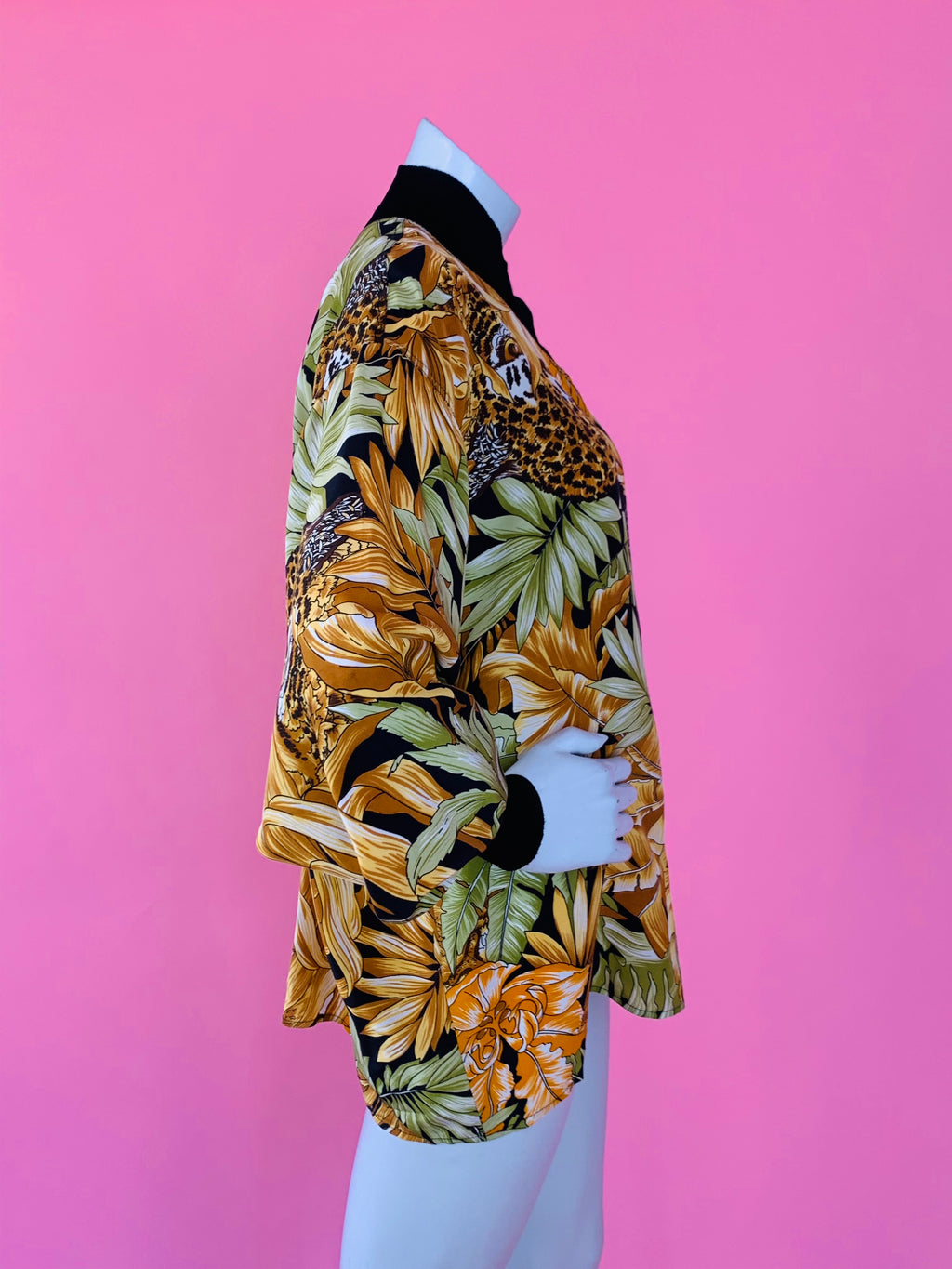 Ferragamo Silk Jungle Print Long Sleeve Blouse/Tunic — vintage Ferragamo caftan in yellow, green