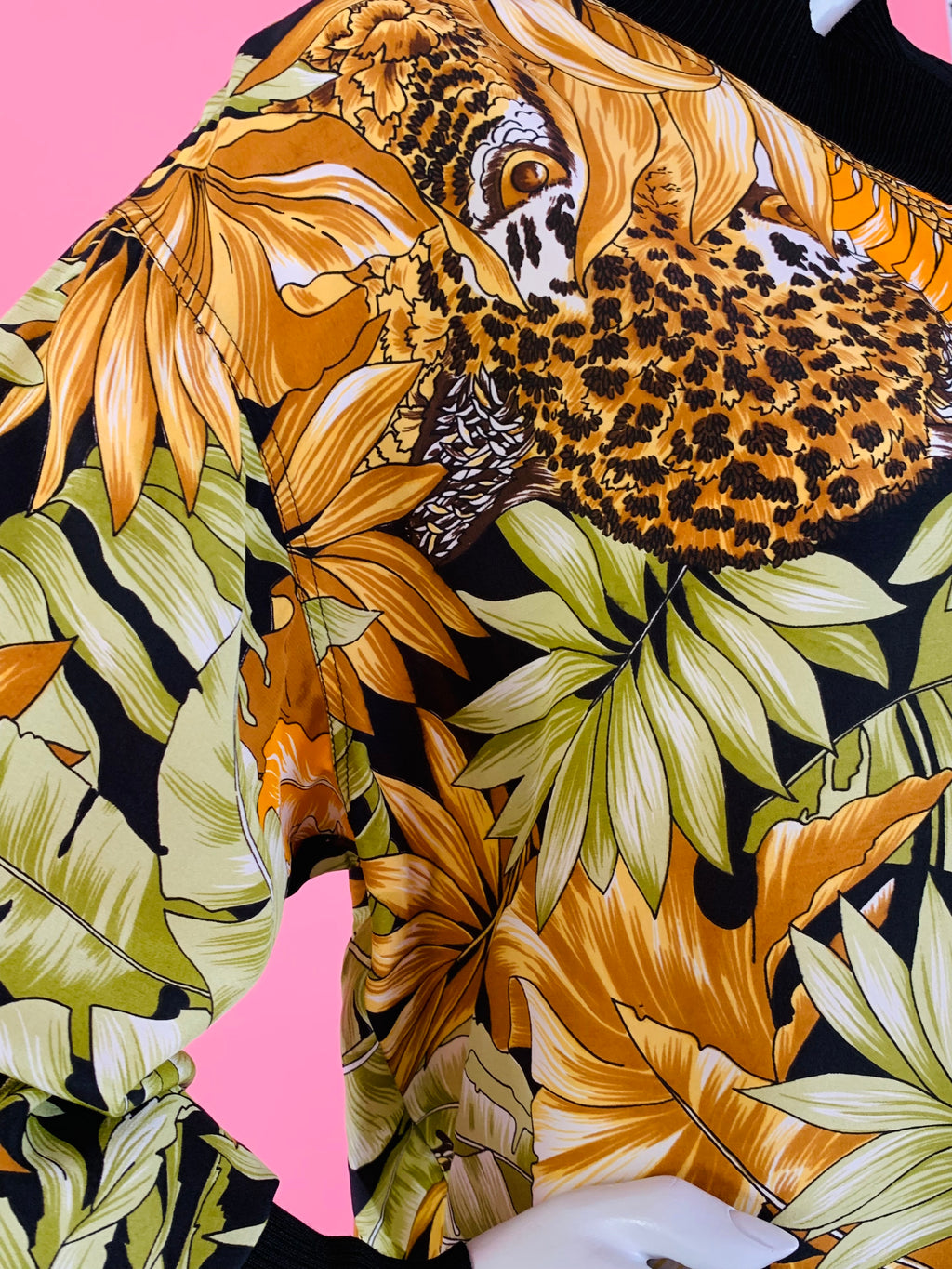 Ferragamo Silk Jungle Print Long Sleeve Blouse/Tunic — vintage Ferragamo caftan in yellow, green