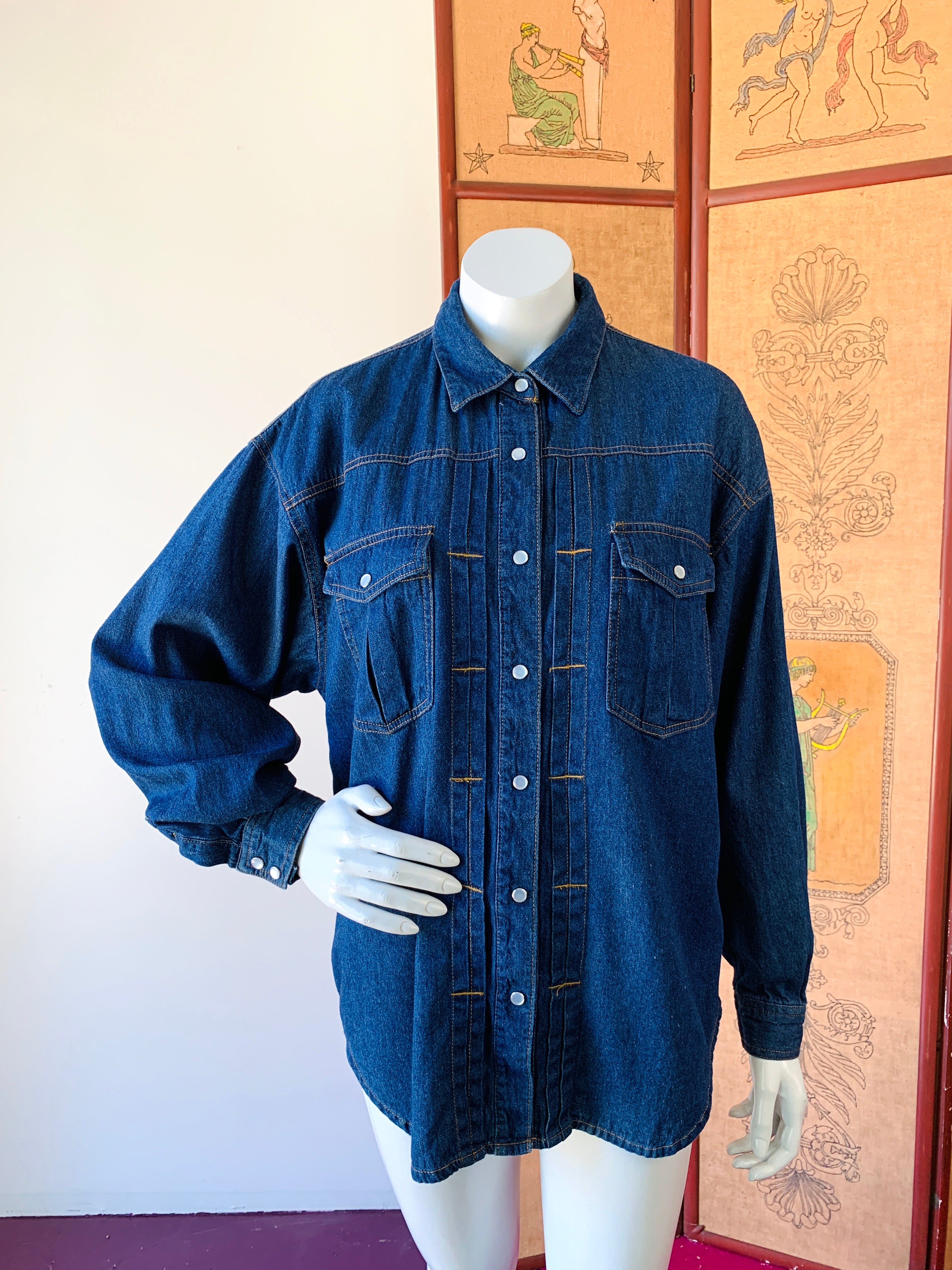 Denim Pearl Snap Long Sleeve Shirt — vintage 1990s top in blue