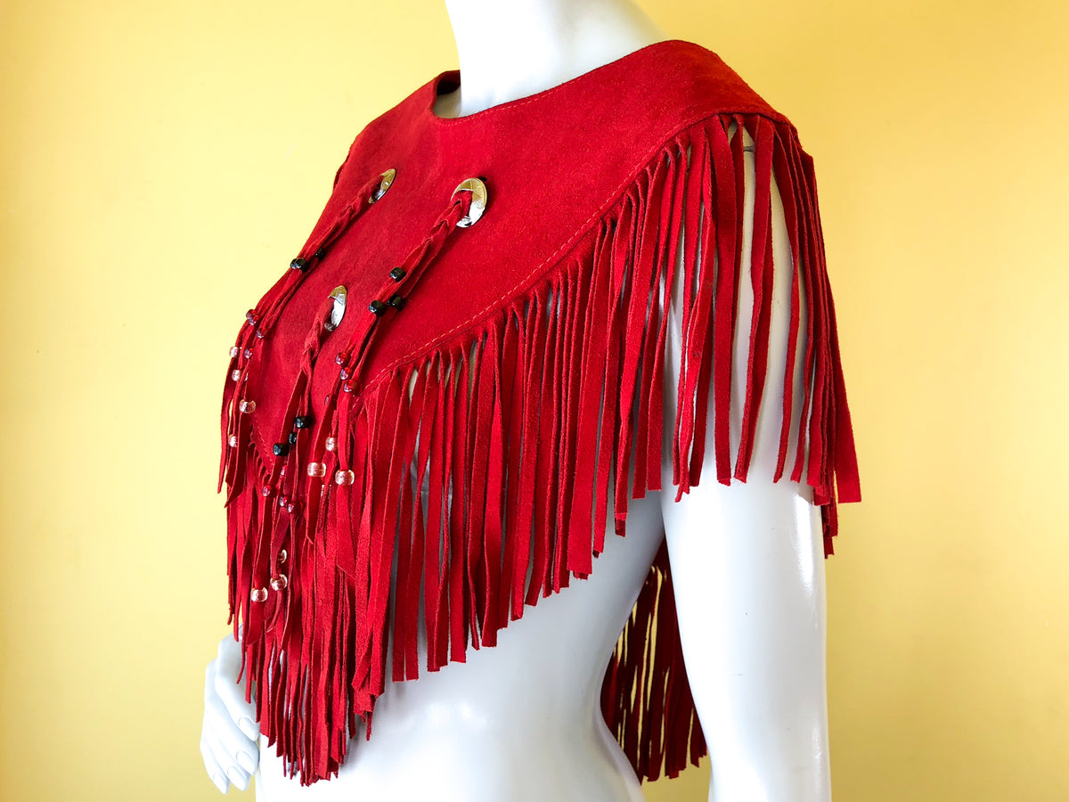 Red Suede Leather Fringe Mini Poncho with Concho Details — vintage HB outerwear in red