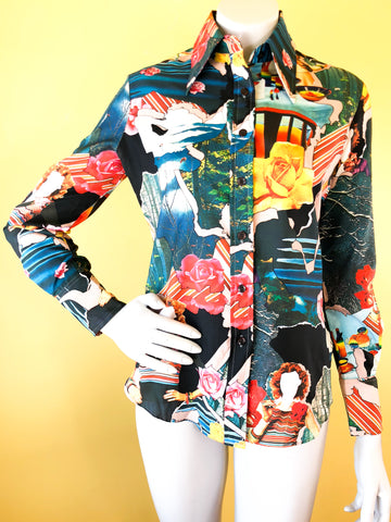 1970s Photo Print Trippy Button Up Blouse. Sold in excellent condition at Empress Vintage in Berkeley, CA.