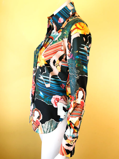 1970s Photo Print Trippy Button Up Blouse — vintage 1970s San Francisco Shirt Works top in multicolour