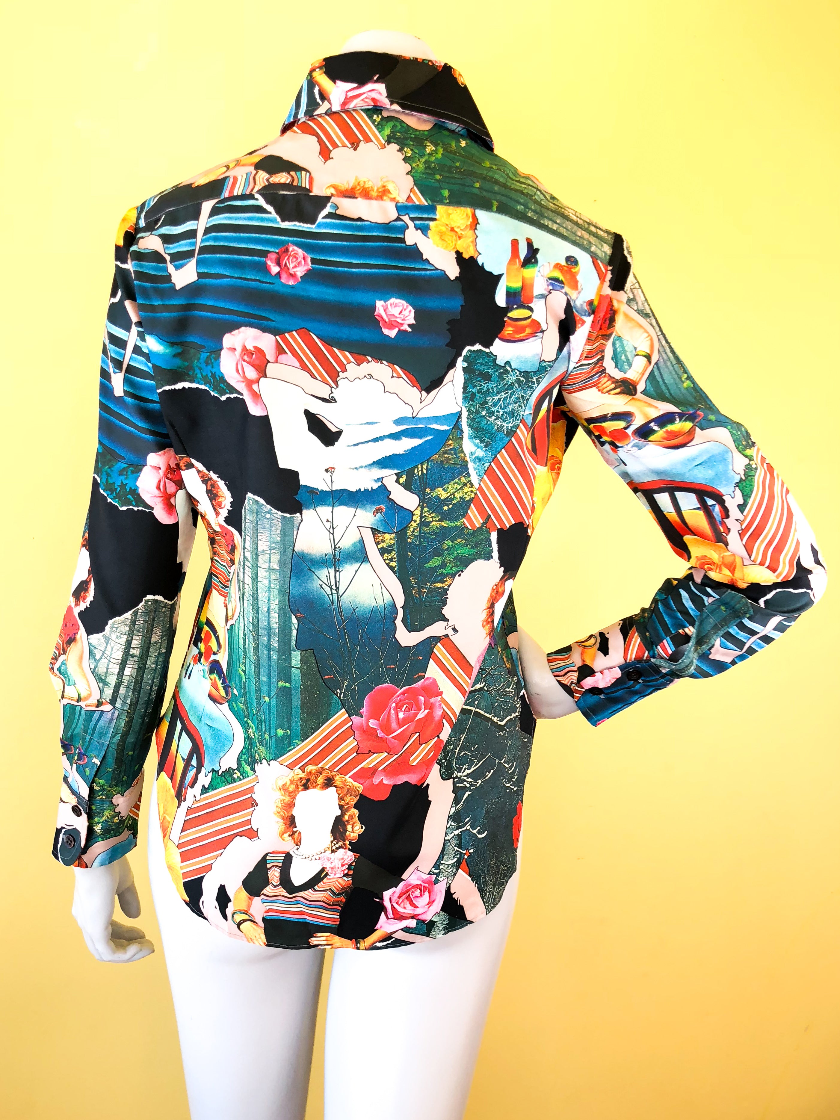 1970s Photo Print Trippy Button Up Blouse — vintage 1970s San Francisco Shirt Works top in multicolour