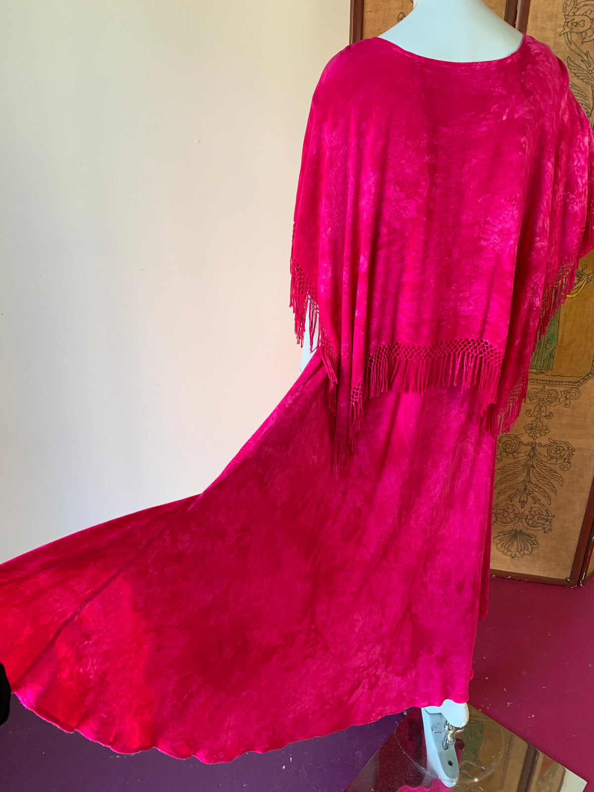 Moroccan Magenta Dyed Fringe Caftan — vintage dress in pink
