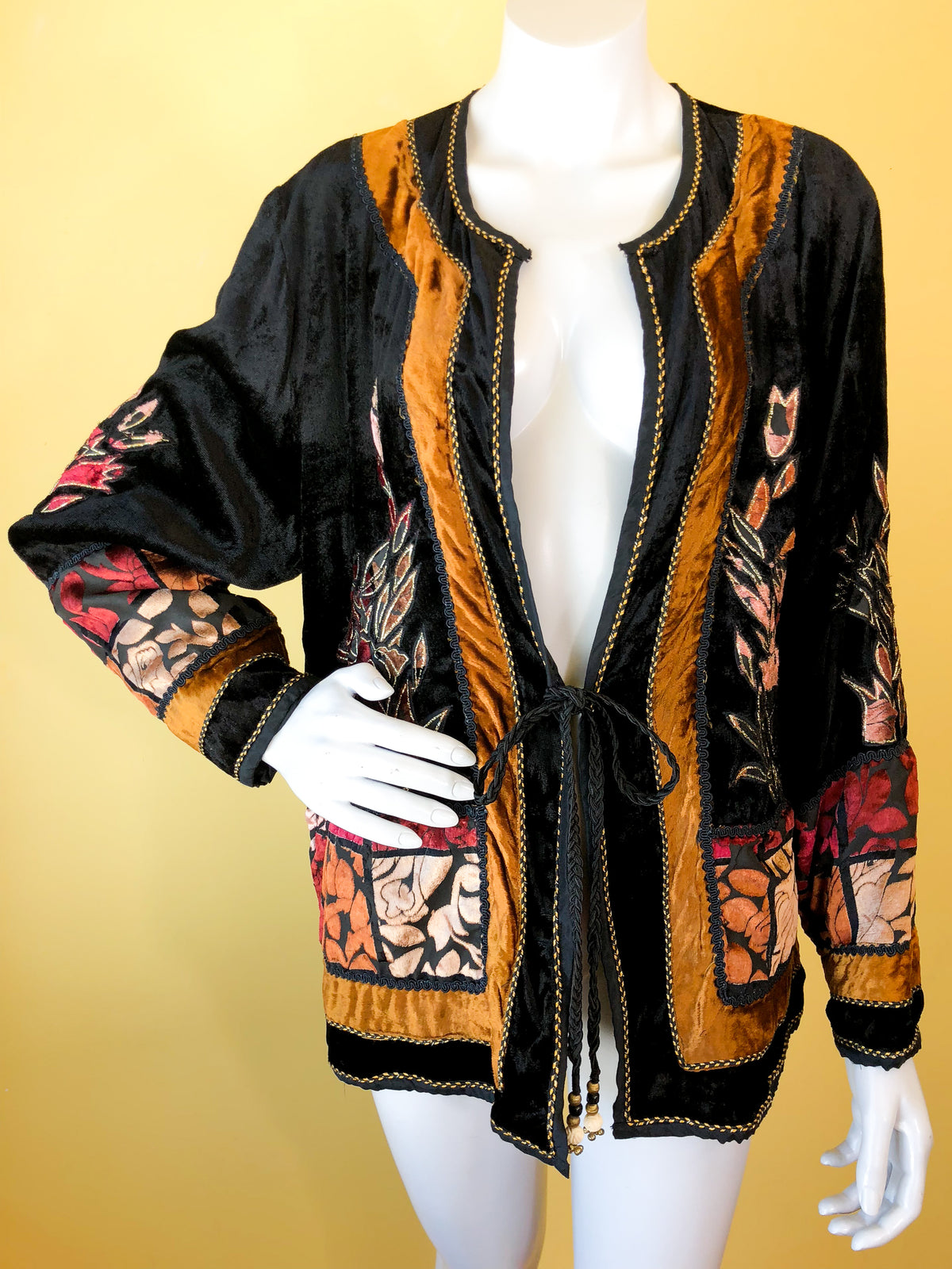 Velvet Applique Rayon Indian Jacket — vintage 1990s Brownstone Studio jacket in black, gold