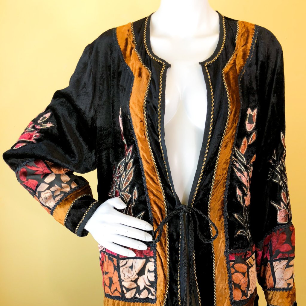 Velvet Applique Rayon Indian Jacket — vintage 1990s Brownstone Studio jacket in black, gold