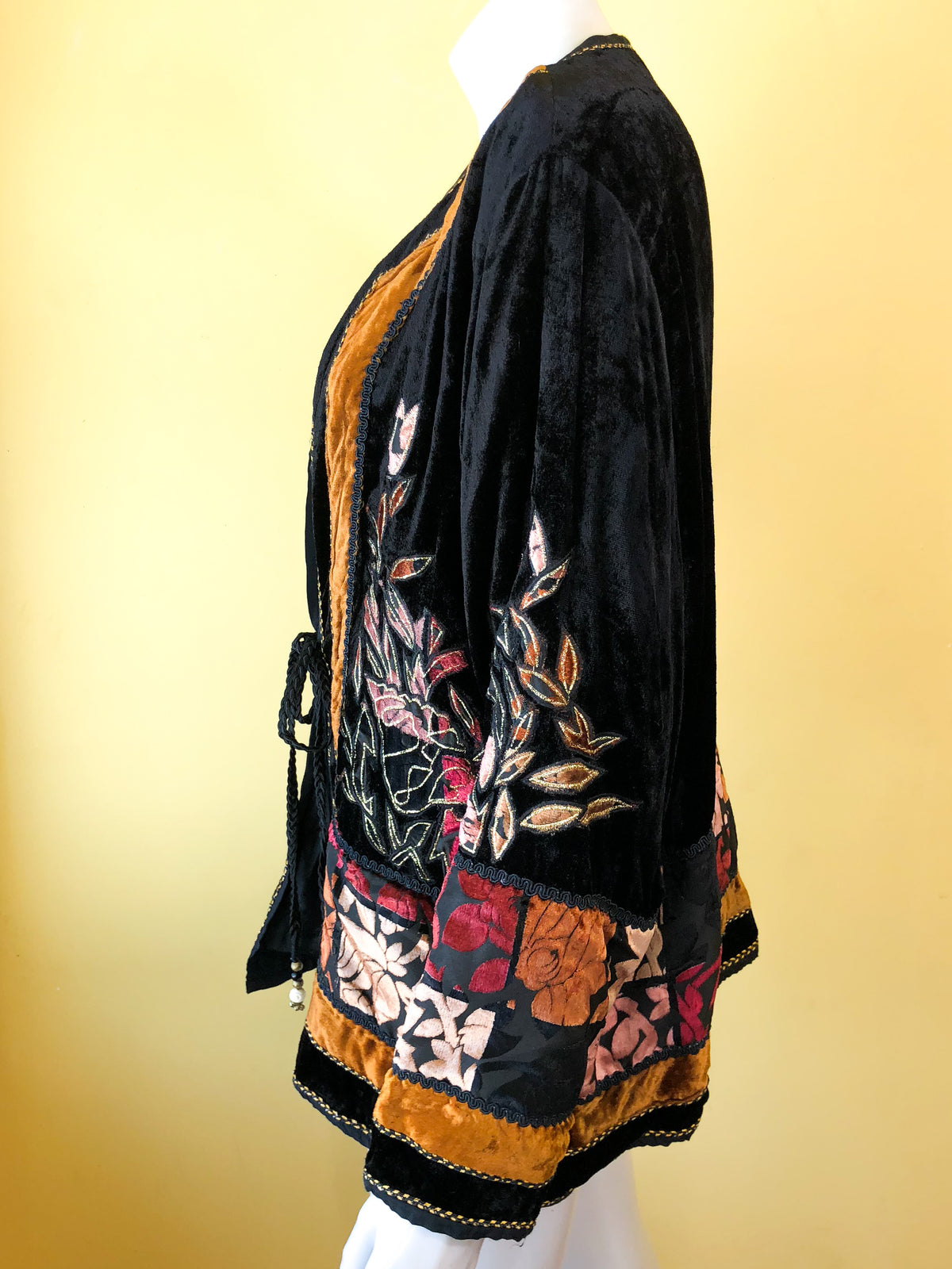 Velvet Applique Rayon Indian Jacket — vintage 1990s Brownstone Studio jacket in black, gold
