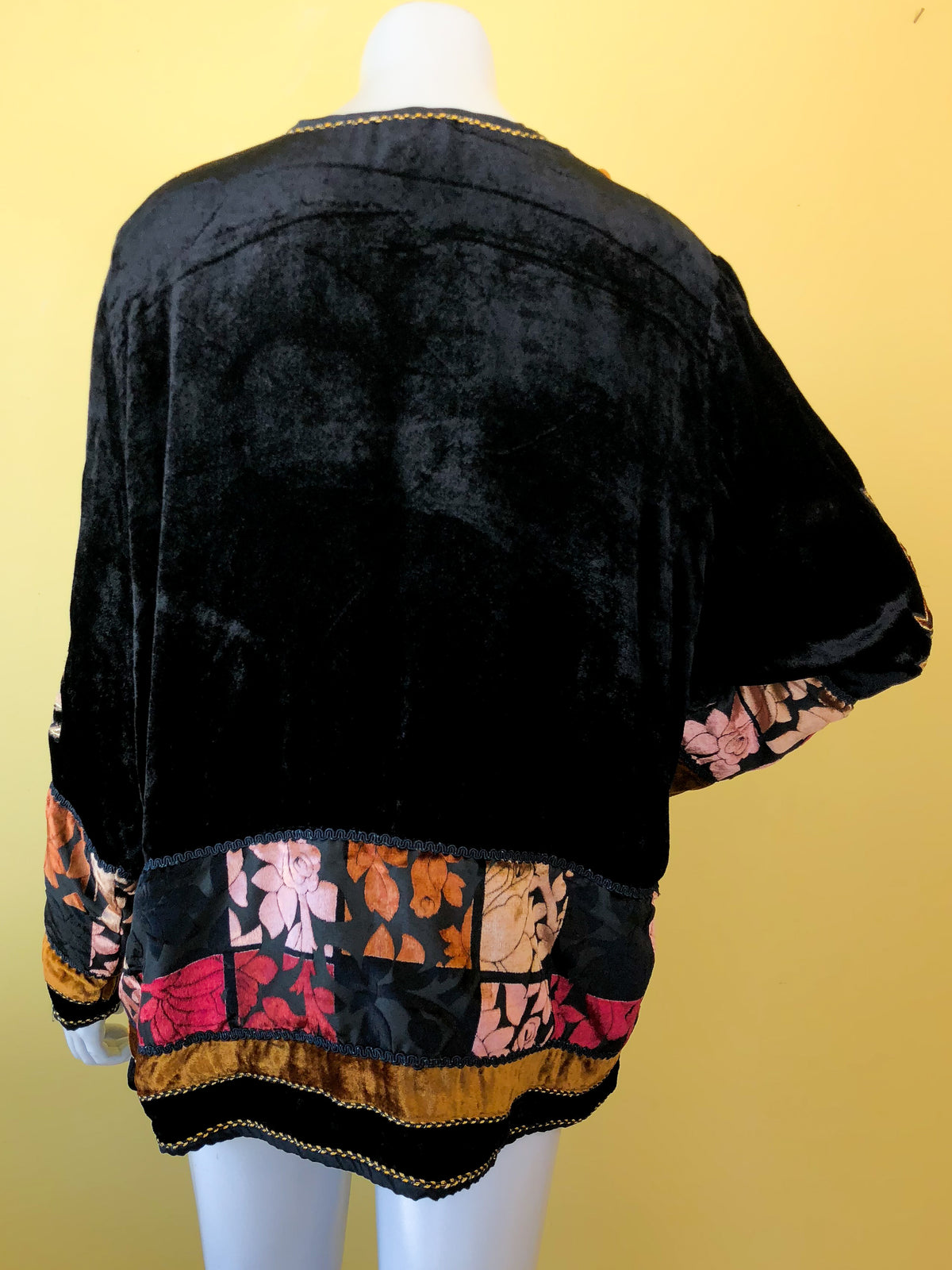 Velvet Applique Rayon Indian Jacket — vintage 1990s Brownstone Studio jacket in black, gold