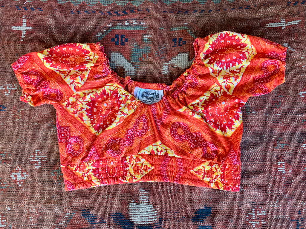 Peacock Print Firey Orange Crop Top — vintage top in orange