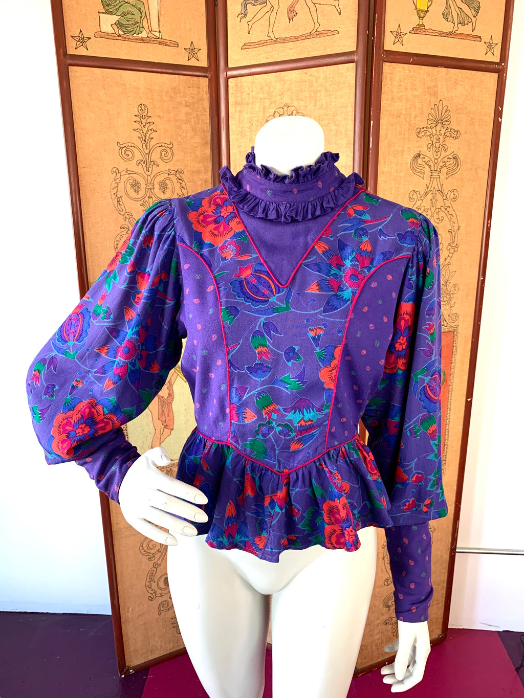 Purple Floral Poet Sleeve Blouse Made in India — vintage 1980s MicheL top in purple