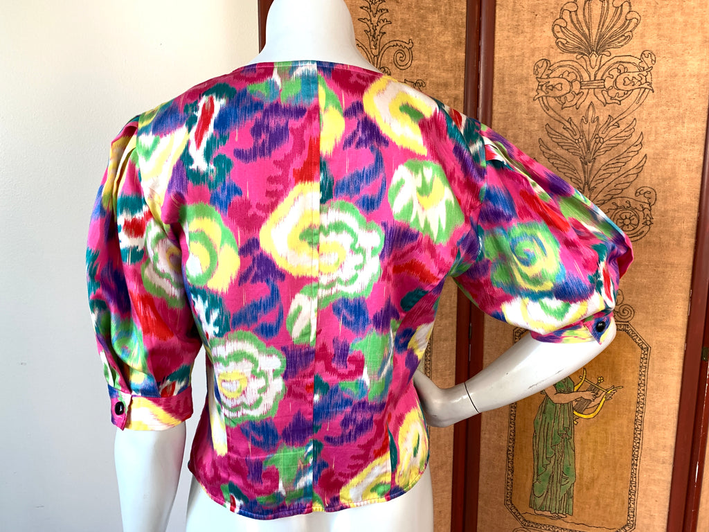 Ungaro Designer 90s Puff Sleeve Blouse — vintage 1990s Ungaro top in pink, multicolour