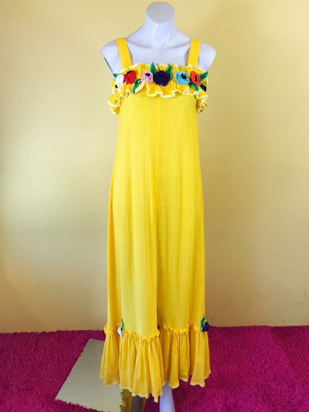 Brilliant Yellow 70s Cotton Maxi Dress with Applique Flowers — vintage 1970s dress in yellow