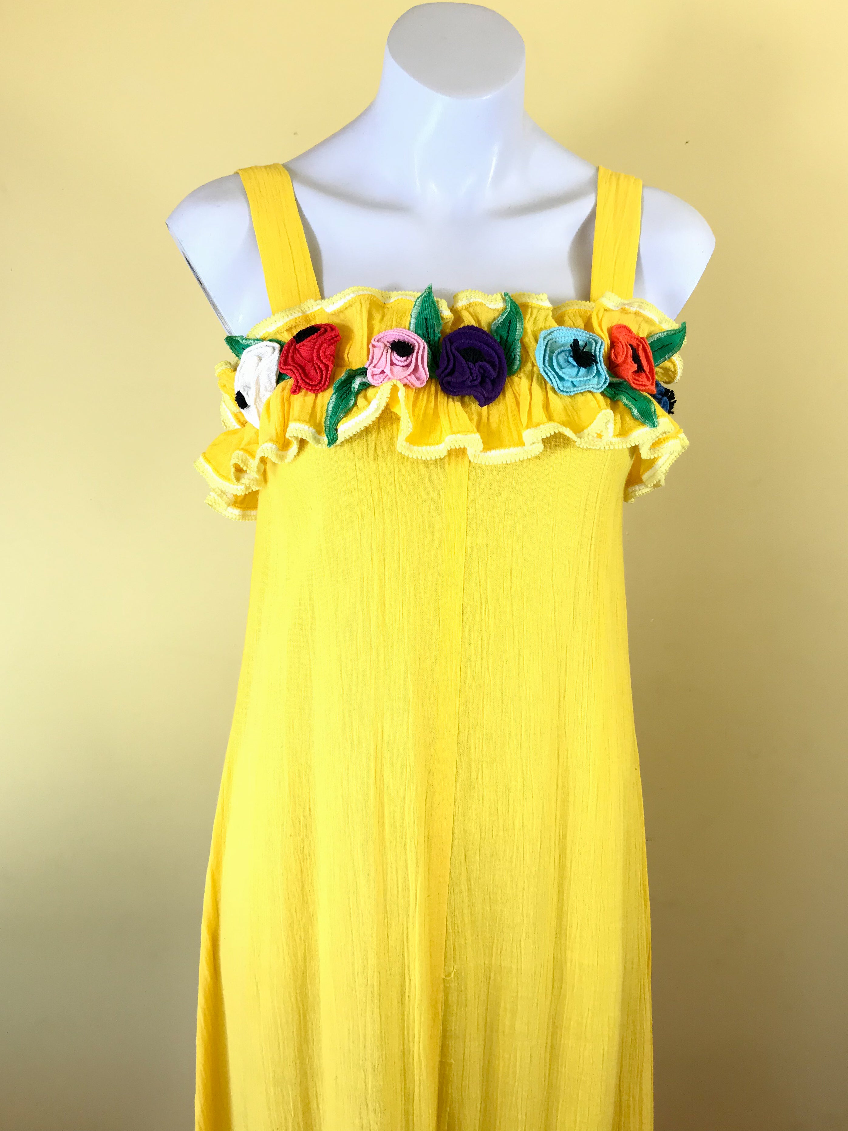 Brilliant Yellow 70s Cotton Maxi Dress with Applique Flowers — vintage 1970s dress in yellow