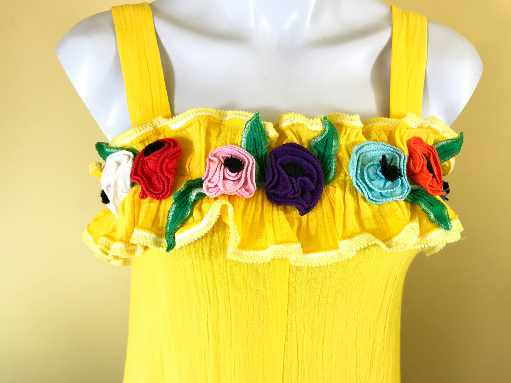 Brilliant Yellow 70s Cotton Maxi Dress with Applique Flowers — vintage 1970s dress in yellow