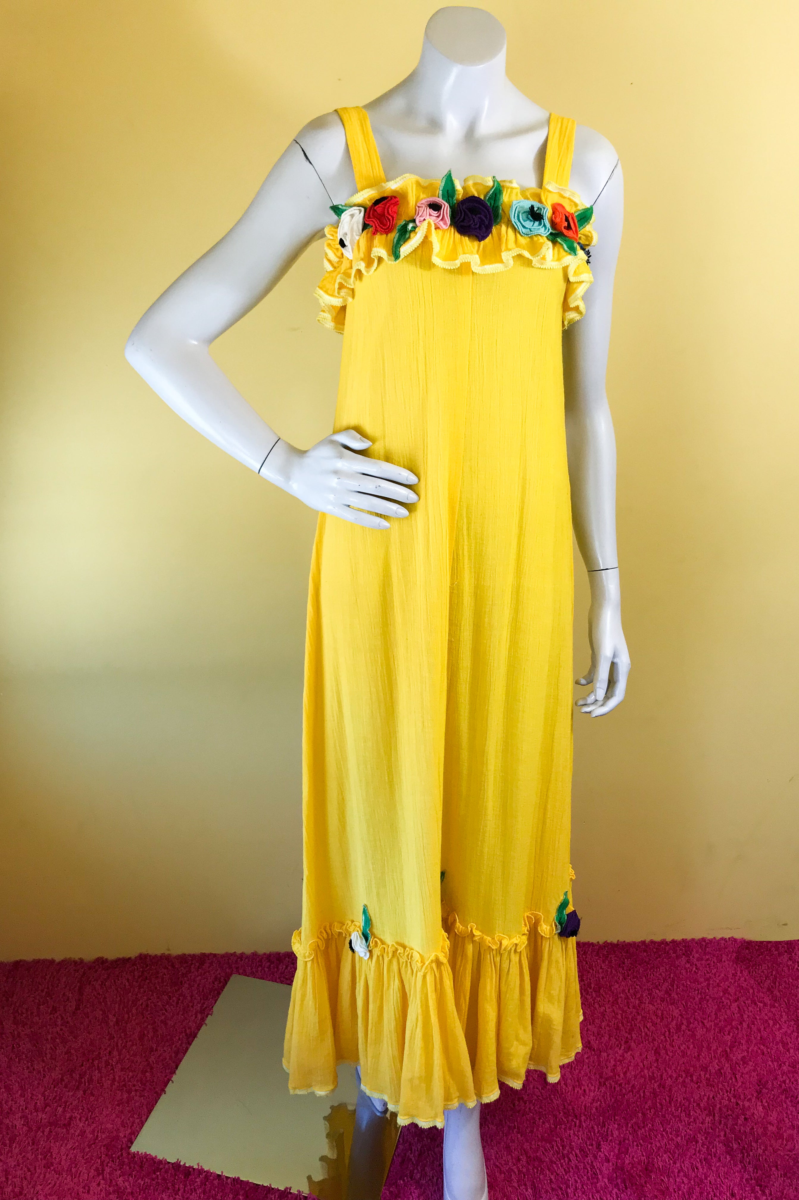 Brilliant Yellow 70s Cotton Maxi Dress with Applique Flowers. Sold in excellent condition at Empress Vintage in Berkeley, CA.