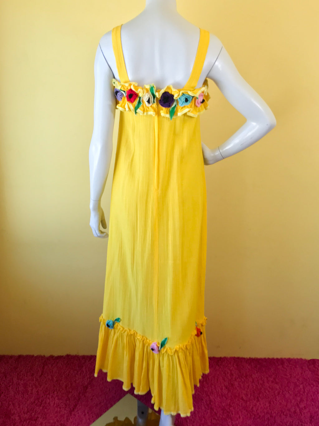 Brilliant Yellow 70s Cotton Maxi Dress with Applique Flowers — vintage 1970s dress in yellow